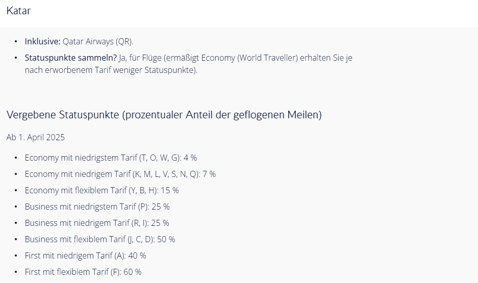 BA Club Tier Points Qatar Airways Tarife Prozentsatz geflogene Meilen