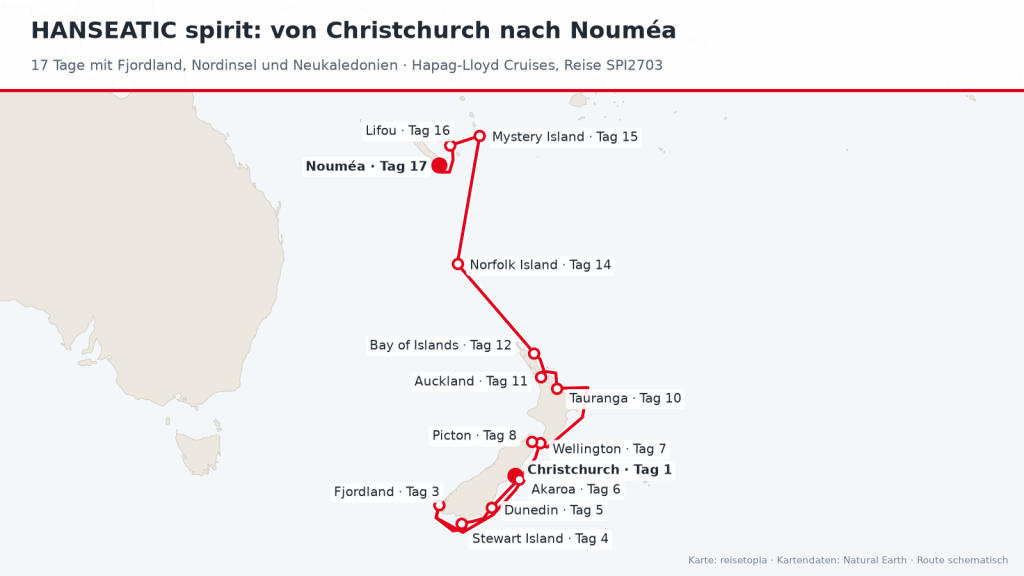 Routenkarte der HANSEATIC spirit von Christchurch nach Nouméa