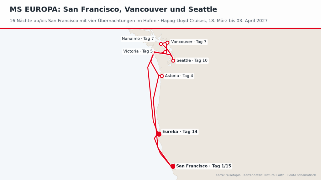 Routenkarte der MS EUROPA von San Francisco nach Vancouver und Seattle