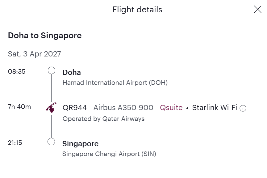 Screenshot Qatar Fluege Singapur A350