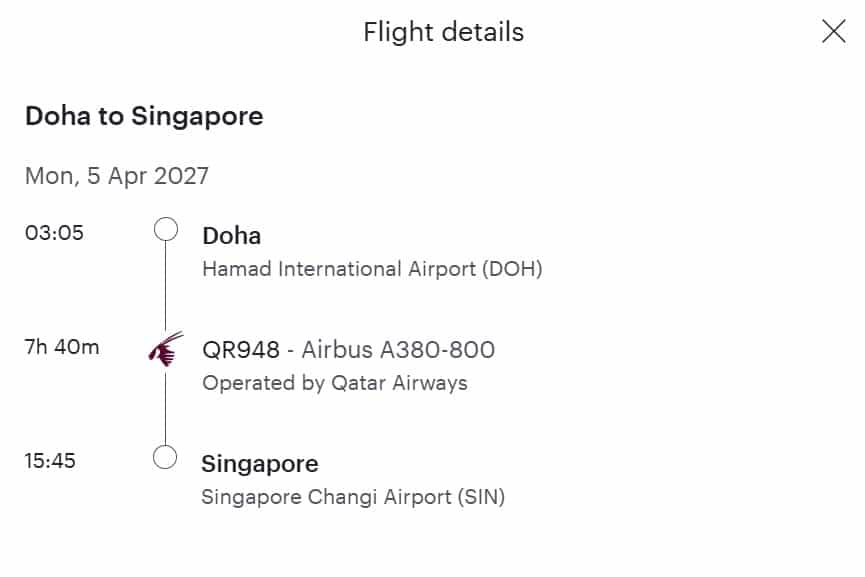 Screenshot Qatar Fluege Singapur A380