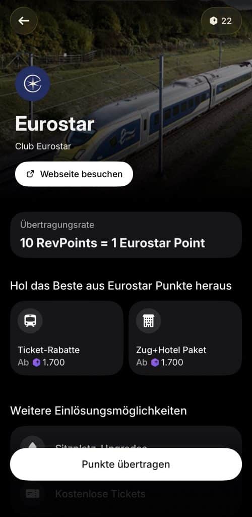 Screenshot Revolut Eurostar Punkte Einloesen
